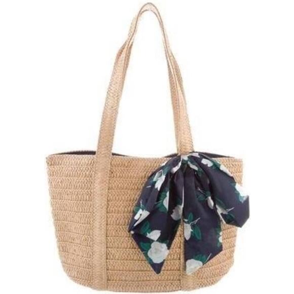 Draper James Straw Bag woven tote with Floral Scarf natural navy NWT - Picture 1 of 4